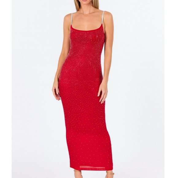 IRIS Maxi dress formal/semi formal rhinestone red/silver bodycon stretch NEW MD - Picture 1 of 13